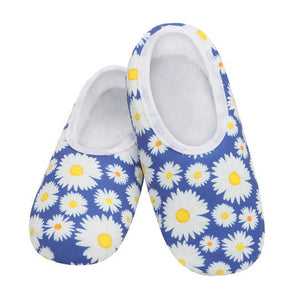 Pair of blue slippers with white daisy pattern on a white background - okotoks hc pharmacy