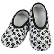 Pair of white slippers with black paw print pattern on a white background - okotoks hc pharmacy