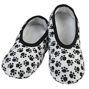 Pair of white slippers with black paw print pattern on a white background - okotoks hc pharmacy