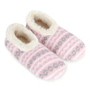 Pair of pink and gray striped slippers with white fur lining on a white background - okotoks hc pharmacy