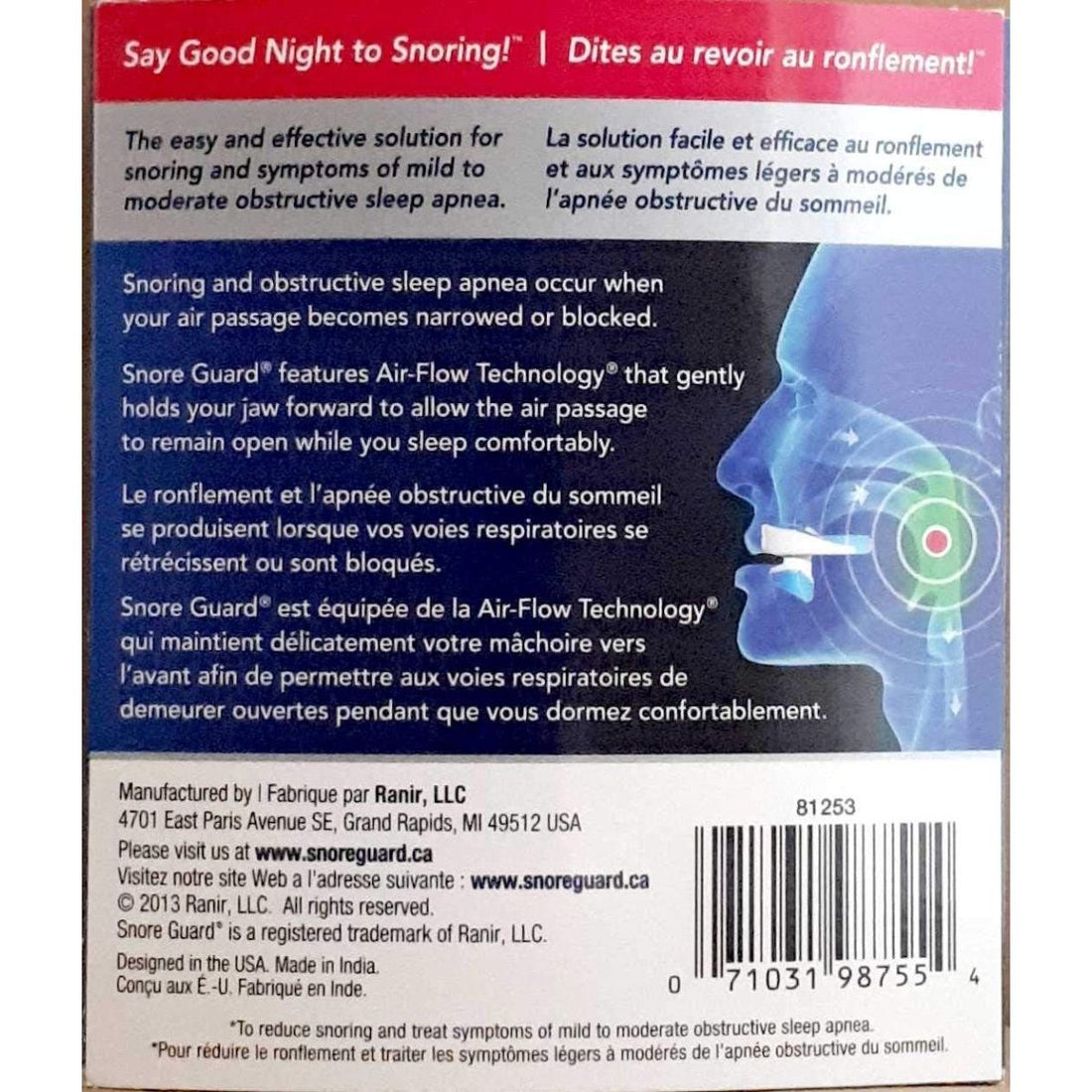 Back of a Snore Guard packaging with text and a diagram of a person using the product. - okotoks hc pharmacy