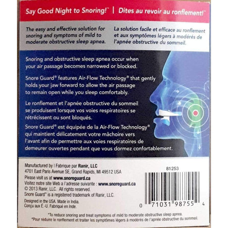 Back of a Snore Guard packaging with text and a diagram of a person using the product. - okotoks hc pharmacy