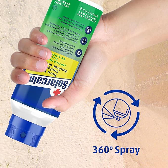 Hand holding a Sunscreen spray bottle with '360° Spray' feature on a beige background - okotoks hc pharmacy