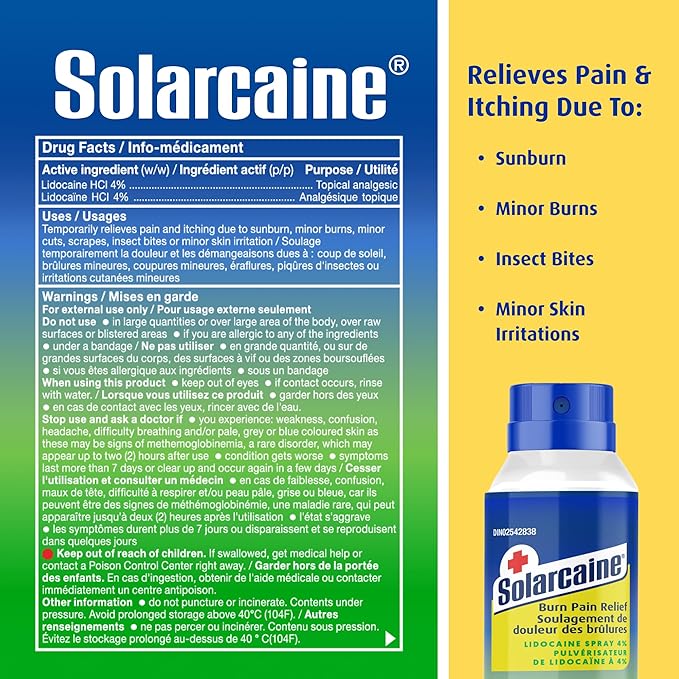 Solarcaine pain relief product with label and bottle on a blue and yellow background - okotoks hc pharmacy