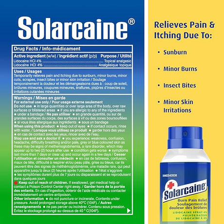 Solarcaine pain relief product with label and bottle on a blue and yellow background - okotoks hc pharmacy
