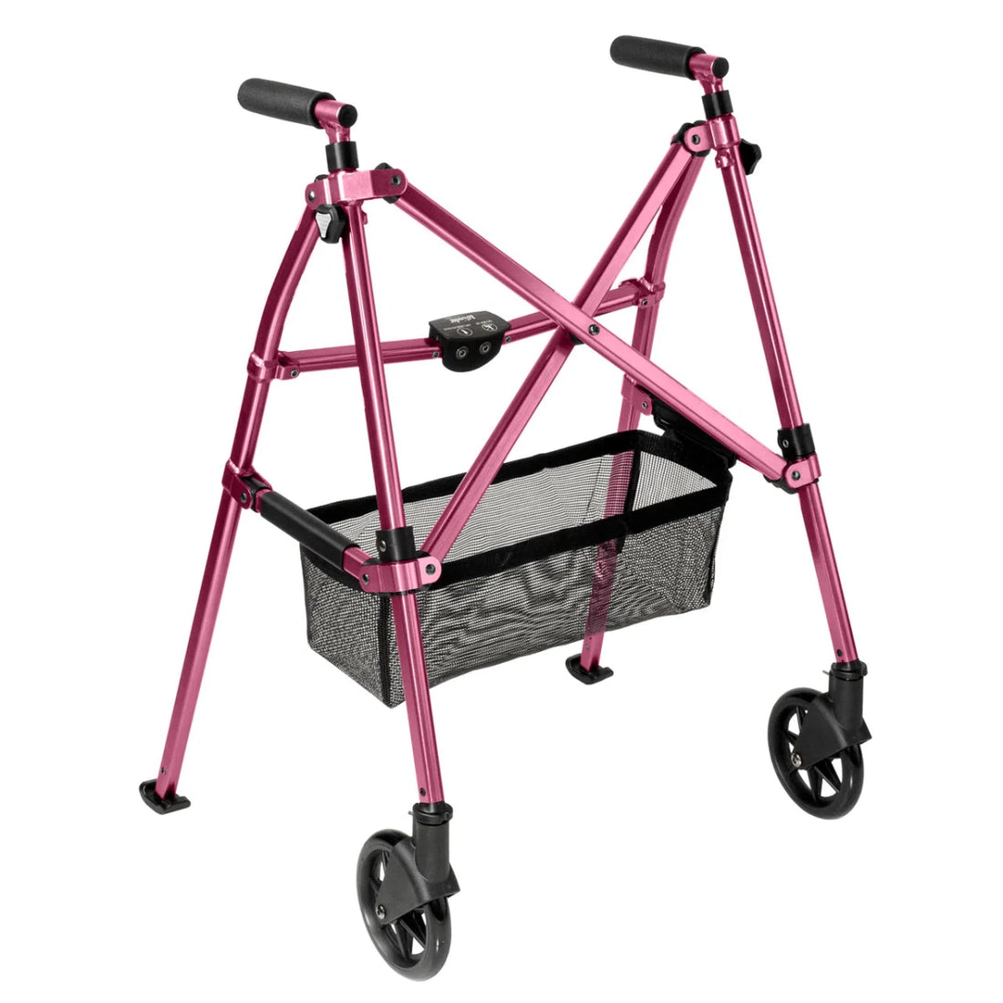 Pink walker with wheels and a basket on a white background - okotoks hc pharmacy