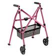 Pink walker with wheels and a basket on a white background - okotoks hc pharmacy