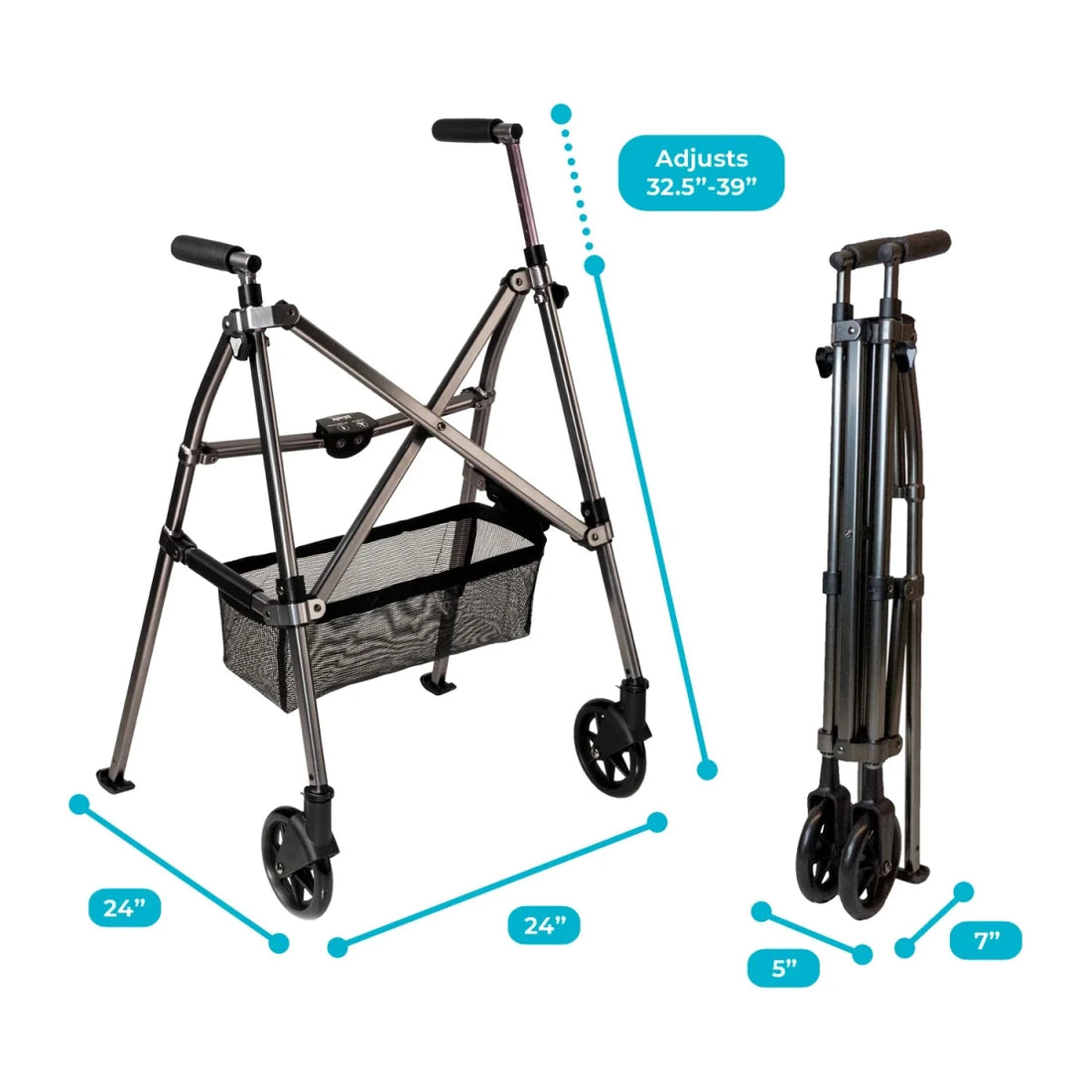 Foldable walker with adjustable height and wheels on a white background - okotoks hc pharmacy