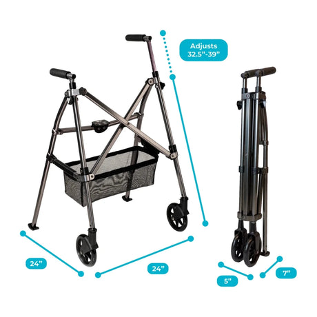 Foldable walker with adjustable height and wheels on a white background - okotoks hc pharmacy