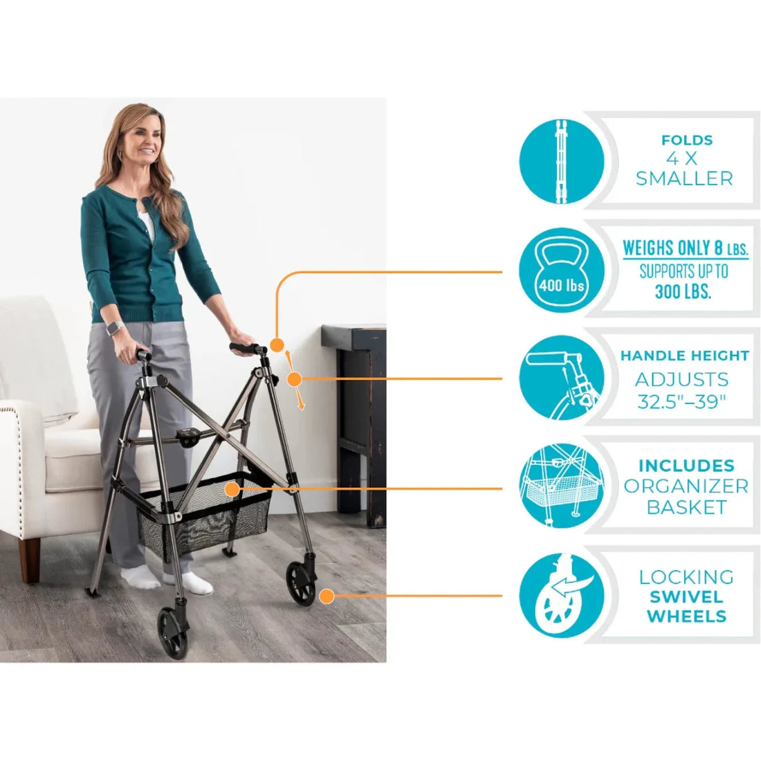Woman using a walker with feature highlights on the right - okotoks hc pharmacy