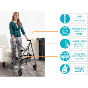 Woman using a walker with feature highlights on the right - okotoks hc pharmacy