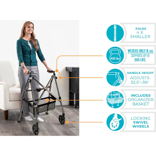 Woman using a walker with feature highlights on the right - okotoks hc pharmacy