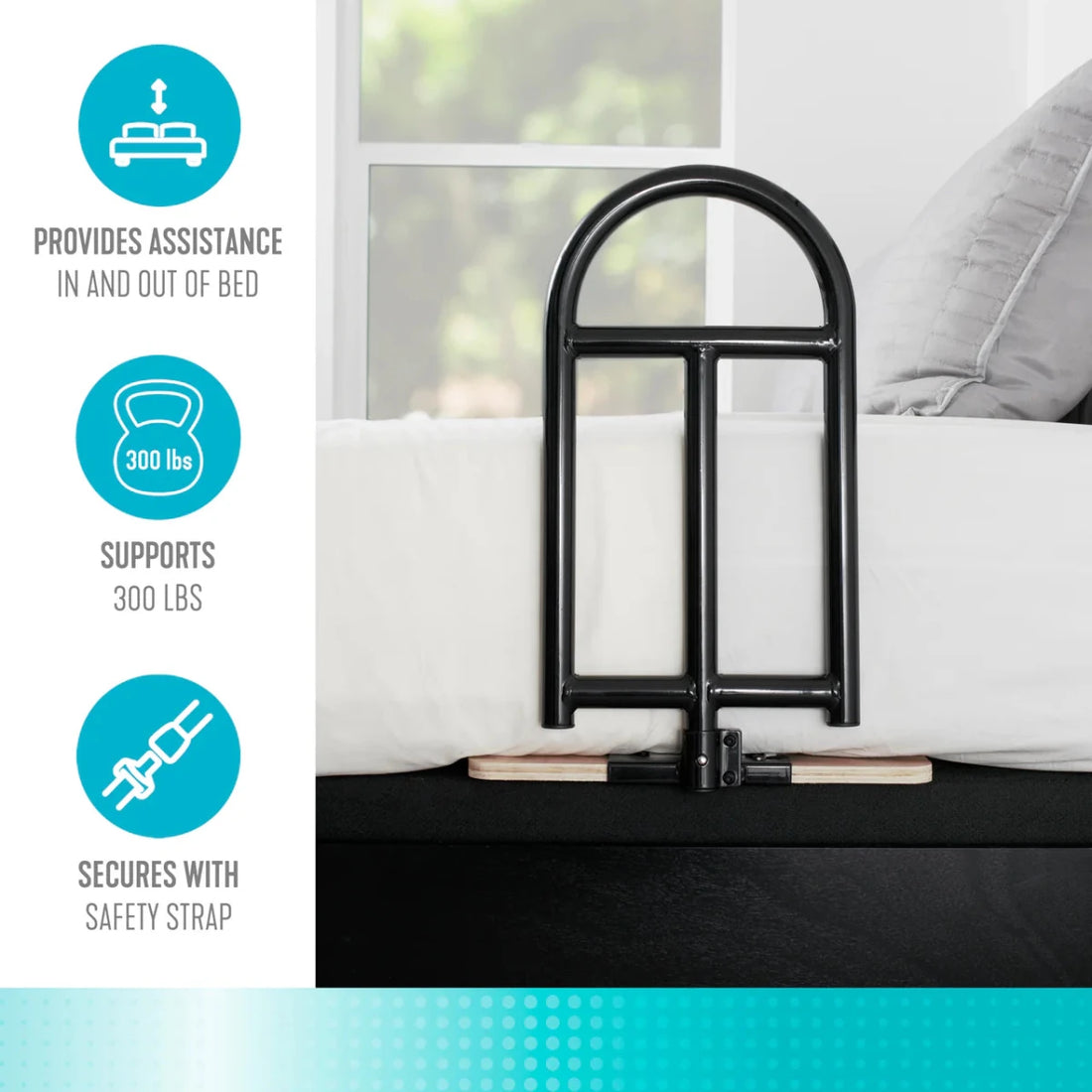 Bed assist handle with features listed on a white background - okotoks hc pharmacy