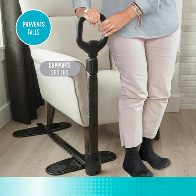 Person using a couch cane to prevent falls, with text indicating it prevents falls and supports up to 250 lbs.