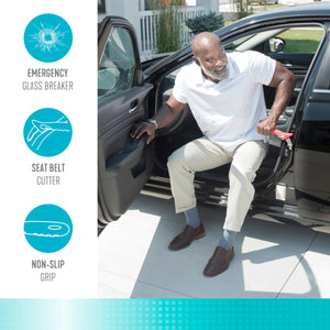 Man using a tool to cut a car seat belt with text labels for emergency glass breaker, seat belt cutter - Okotoks HC Pharmacy