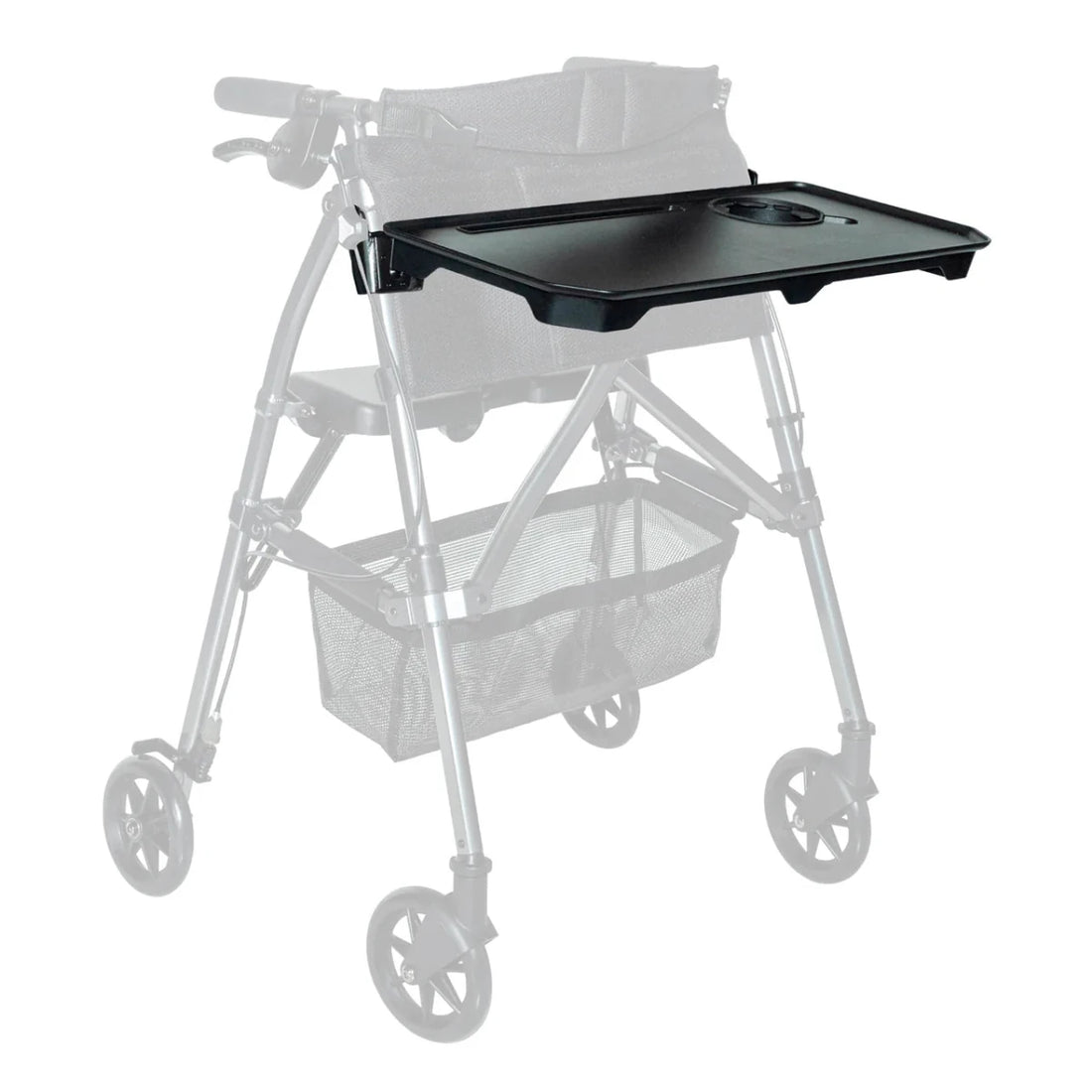 Black tray attached to a walker on a white background - okotoks hc pharmacy