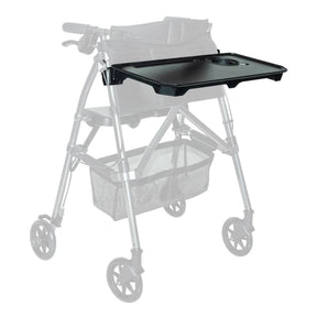 Black tray attached to a walker on a white background - okotoks hc pharmacy
