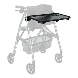 Black tray attached to a walker on a white background - okotoks hc pharmacy