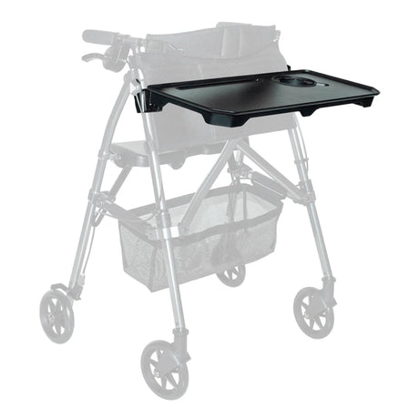 Black tray attached to a walker on a white background - okotoks hc pharmacy