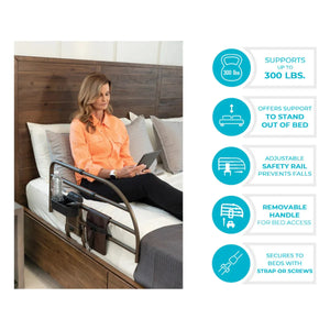 Woman using a safety rail in bed with product features listed on the right. - okotoks hc pharmacy