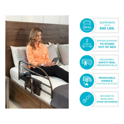 Woman using a safety rail in bed with product features listed on the right. - okotoks hc pharmacy