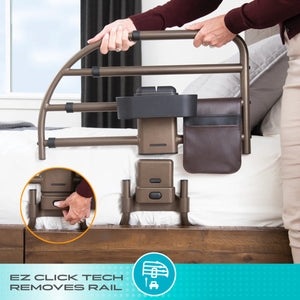 Bed rail being adjusted by a person with an inset showing the 'EZ Click Tech' feature. - okotoks hc pharmacy