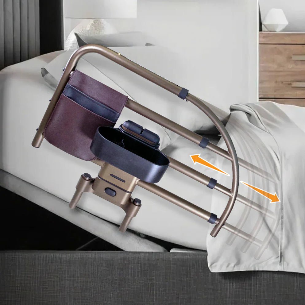 Bed rail with cup holder attached to a bed in a bedroom setting - okotoks hc pharmacy