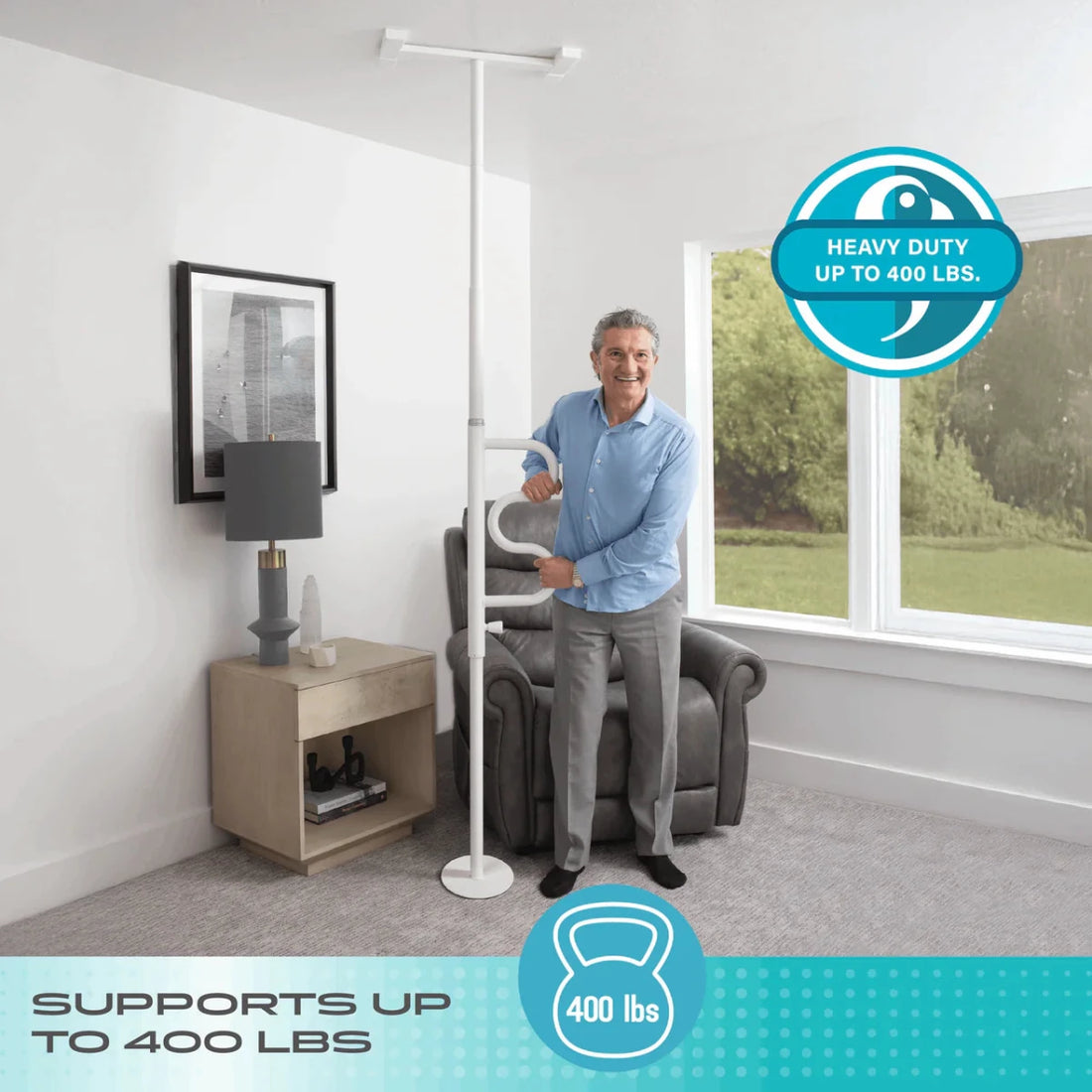 Man using a pole in a home setting with text indicating weight support capacity. - okotoks hc pharmacy