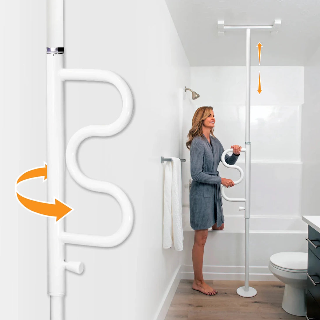 Woman using a white grab bar in a bathroom setting - okotoks hc pharmacy