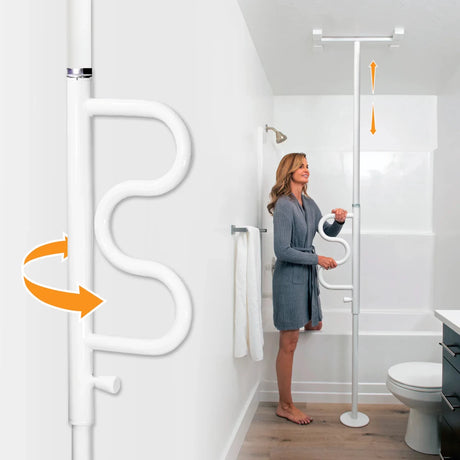 Woman using a white grab bar in a bathroom setting - okotoks hc pharmacy