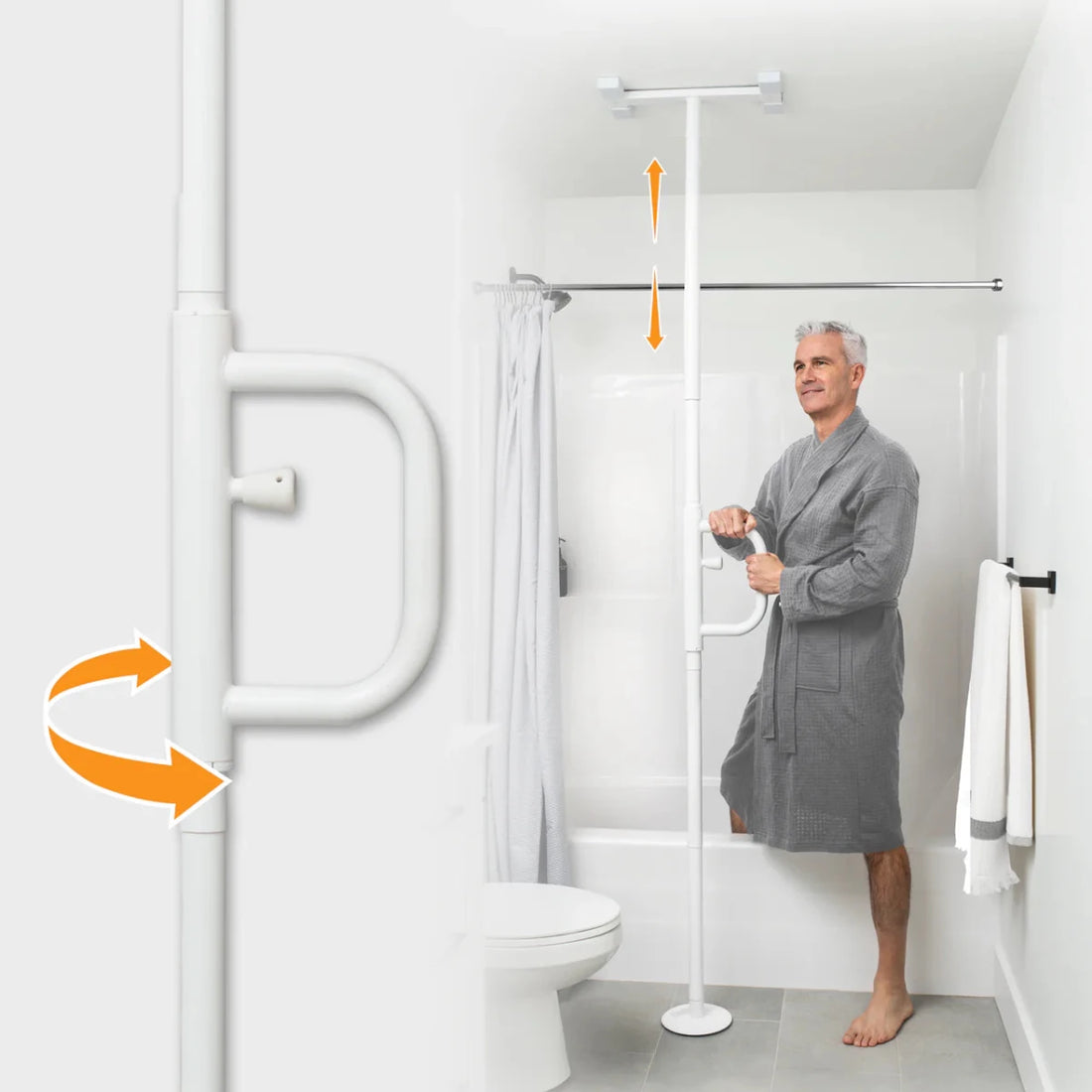 Man in a gray bathrobe using a white grab bar in a bathroom. - okotoks hc pharmacy