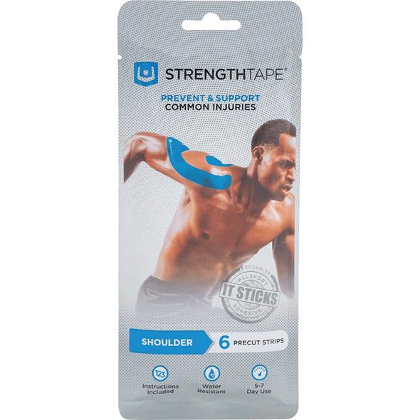 Strength Tape packaging with a man using the tape on his shoulder, on a white background. - okotoks hc pharmacy