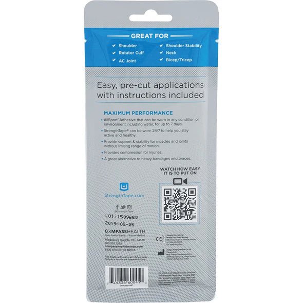 Back of a StrengthTape packaging with text and QR code on a white background - okotoks hc pharmacy