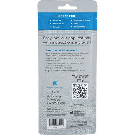 Back of a StrengthTape packaging with text and QR code on a white background - okotoks hc pharmacy