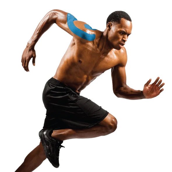 Man running with blue tape on shoulder against a white background - okotoks hc pharmacy