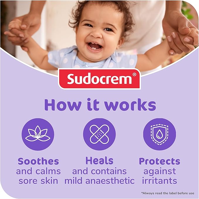 Sudocrem advertisement with a baby and product benefits on a purple background - okotoks hc pharmacy