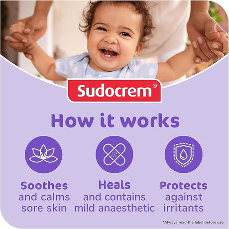 Sudocrem advertisement with a baby and product benefits on a purple background - okotoks hc pharmacy