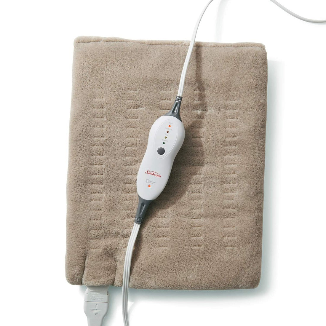 Beige heating pad with a control unit on a white background - okotoks hc pharmacy