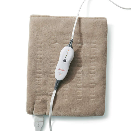 Beige heating pad with a control unit on a white background - okotoks hc pharmacy
