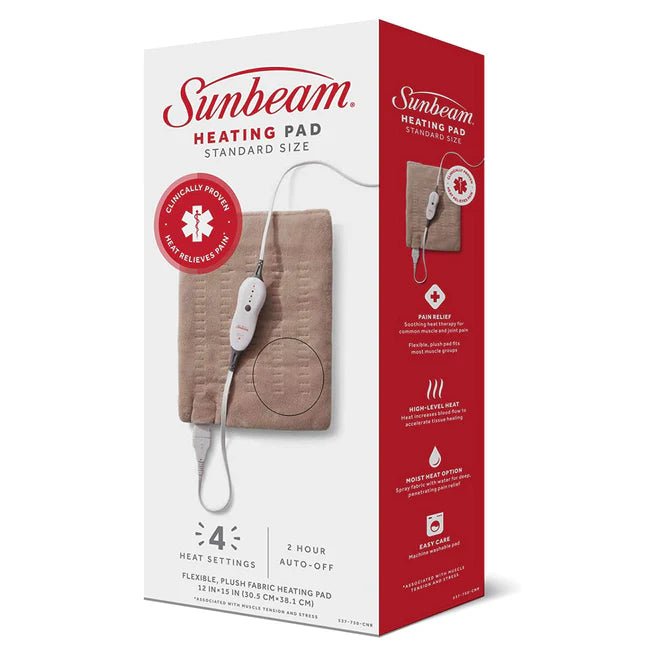 Sunbeam heating pad packaging on a white background - okotoks hc pharmacy