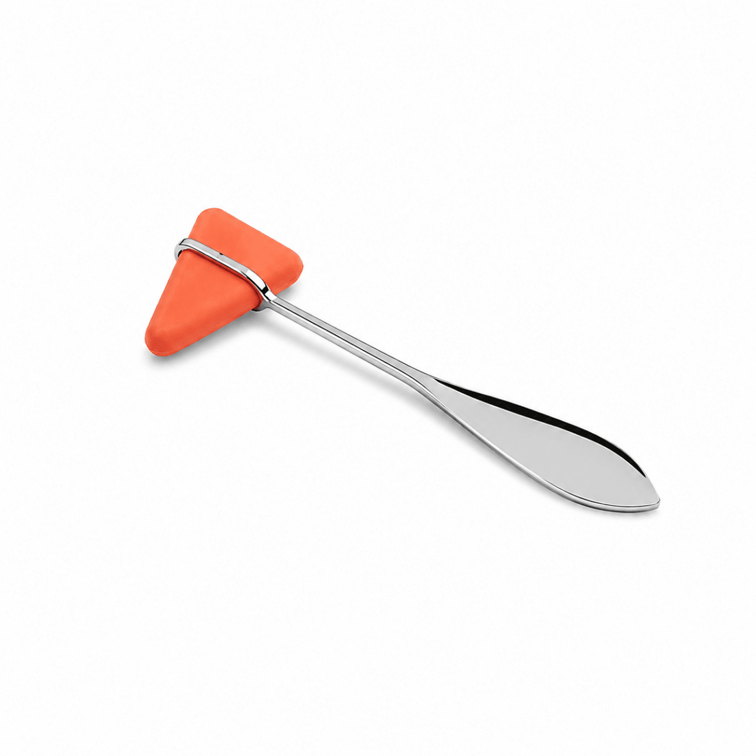 A stainless steel spoon with a bright orange silicone protective head, shown on a clean white background. - okotoks hc pharmacy