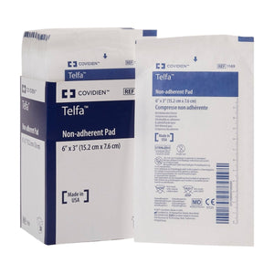 Covidien Telfa non-adherent pad packaging on a white background - okotoks hc pharmacy