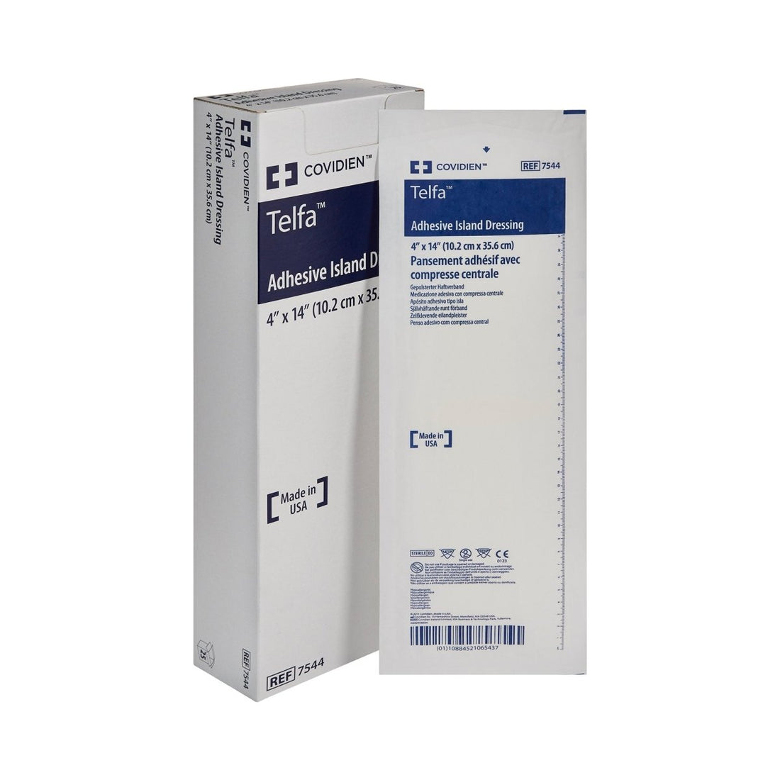 Covidien Telfa adhesive island dressing packaging on a white background - okotoks hc pharmacy