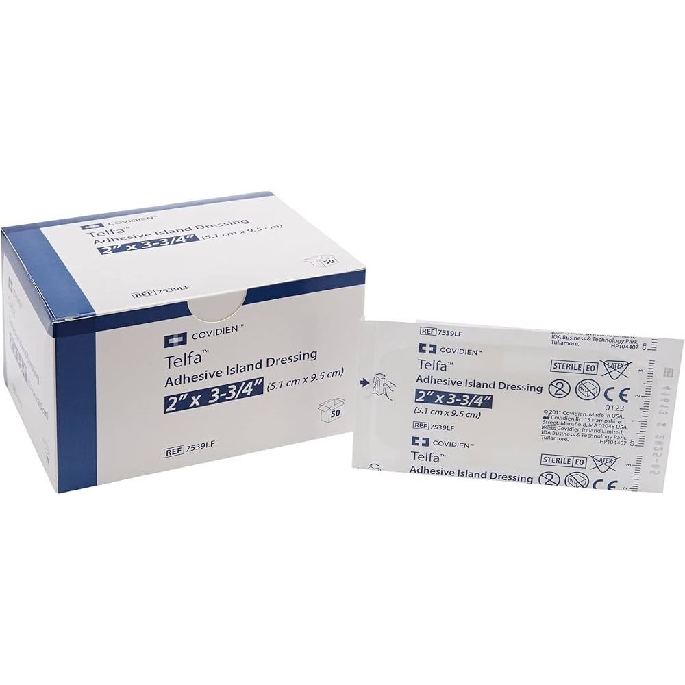 Telfa adhesive island dressing packaging with a box and a single strip on a white background. - okotoks hc pharmacy