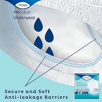 TENA ProSkin Underwear with text highlighting secure and soft anti-leakage barriers on a light blue background. - okotoks hc pharmacy