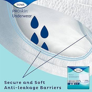 TENA ProSkin Underwear with text highlighting secure and soft anti-leakage barriers on a light blue background. - okotoks hc pharmacy