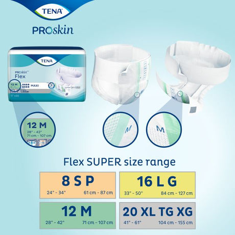 TENA Proskin Flex diaper packaging with size chart on a light blue background - okotoks hc pharmacy