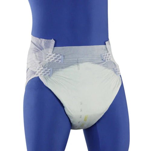 White incontinence pants worn by a person with a blue background - okotoks hc pharmacy