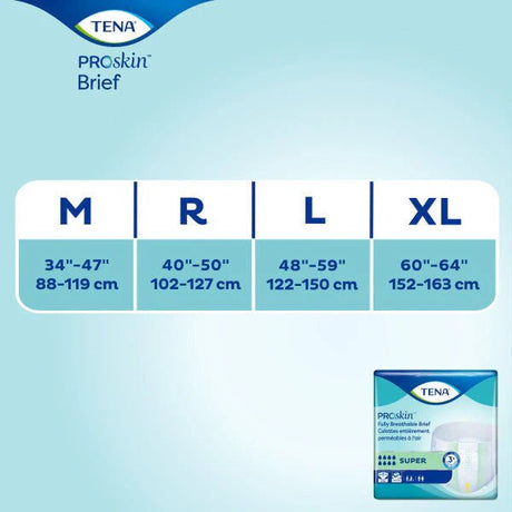 TENA ProSkin Brief size chart on a light blue background - okotoks hc pharmacy
