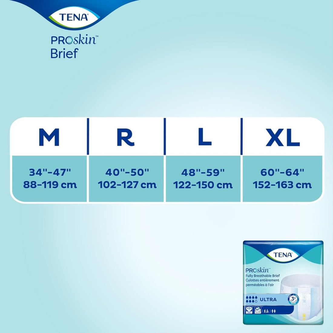 TENA ProSkin Brief size chart on a light blue background - okotoks hc pharmacy